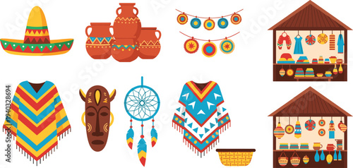 Mexican traditional culture icons vector set including sombrero pottery poncho dreamcatcher tribal mask festive garlands and artisan market stalls