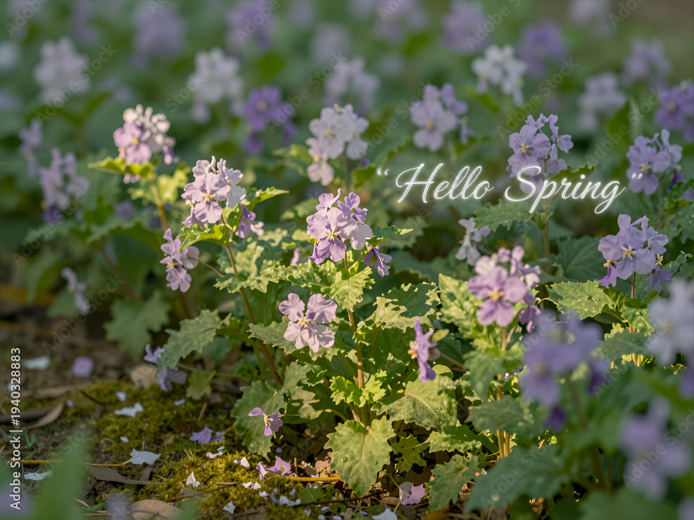 Obraz premium Delicate Purple Spring Flowers Blooming in Soft Natural Light with “Hello Spring” Text Overlay for Seasonal Greeting Cards and Nature-Themed Designs