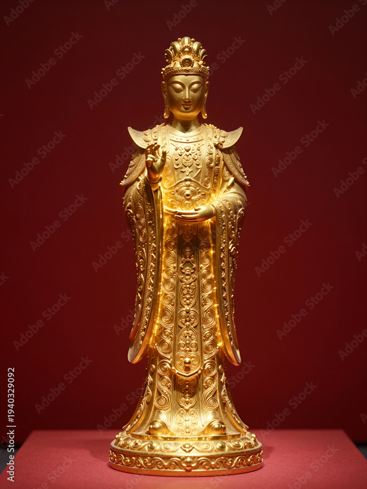 Fototapeta premium Elegant Golden Buddha Statue with Intricate Detailing and Warm Lighting Displayed on Red Pedestal Against Deep Maroon Background for Spiritual or Cultural Use