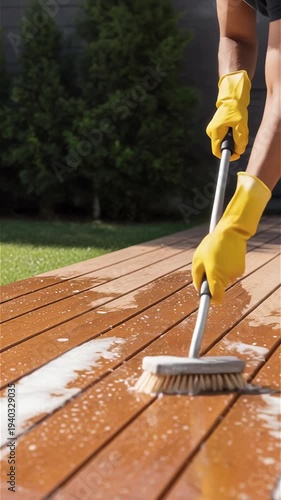 Close up of man scrubbing wooden patio with yellow gloves vertical video