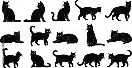 Black cat silhouette vector set, domestic kitten sitting walking and lying down poses, pet animal icons isolated on white background,