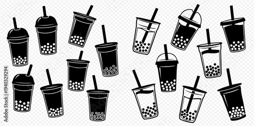 Set of bubble tea cups with tapioca pearls, black and white doodle style vector illustration on transparent background.