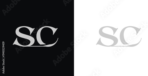 Elegant SC serif monogram logo in black and white luxury style