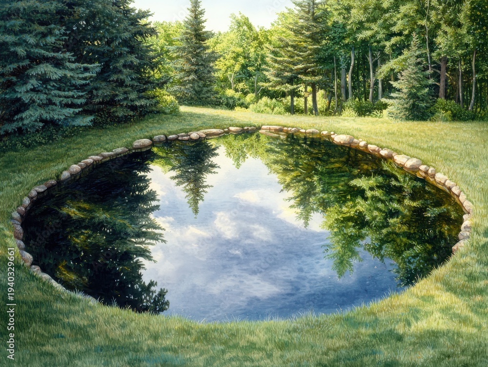 Fototapeta premium Tranquil Pond Reflecting Green Trees and Blue Sky in a Lush Garden