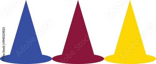 Three cone-shaped wizard hats in blue, maroon, and yellow, representing a whimsical and magical theme, isolated on a white background
