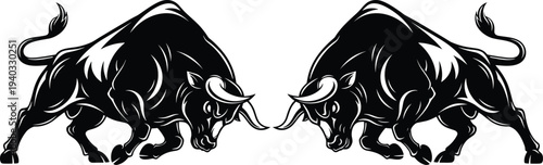 Charging bull silhouette pair, mirrored aggressive bulls, black vector illustration, strong animal symbol, power strength logo, isolated wildlife design