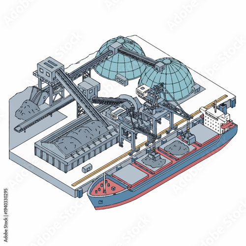 Industrial Port with Bulk Carrier Ship and Material Handling Equipment.
