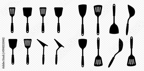 Collection of various kitchen spatulas and cooking utensils in black silhouette design.