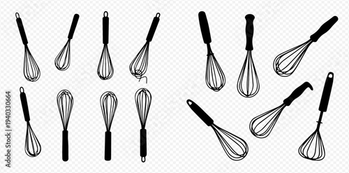 Set of black silhouette whisks for cooking and baking, kitchen utensil vector illustration.