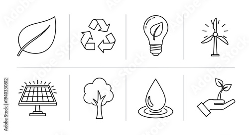 Set of clean line art icons representing environmental protection and renewable energy sources