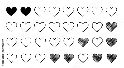 Collection of heart icons showing different styles and fill levels on a white background