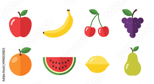 Collection of eight colorful, flat design fruits on a white background