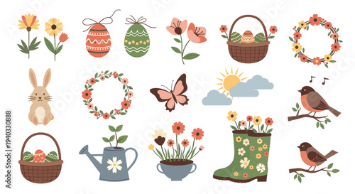 Springtime Easter elements collection with flowers, bunny, eggs, birds, and sunshine