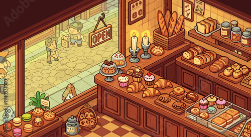 Cozy isometric bakery scene with fresh pastries and customers outside