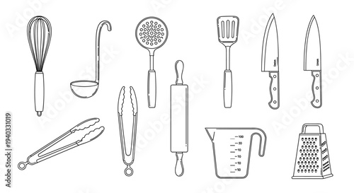 Collection of kitchen utensils and cooking tools in a simple line art style