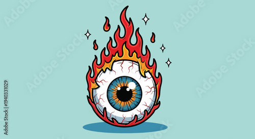 Burning Eyeball Illustration with Flames and Sparkles 1.