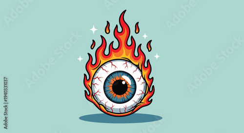 Burning Eye Illustration with Flames and Sparkles.