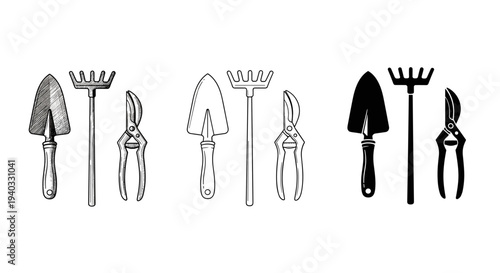 Collection of garden tools including trowel, rake, and pruning shears in different styles