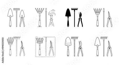 Collection of garden tools including trowels, rakes, and pruning shears in various styles