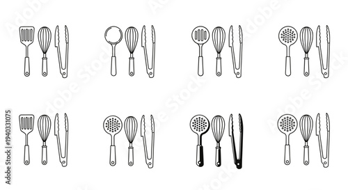 Collection of kitchen utensil icons: spatula, whisk, and tongs in various styles