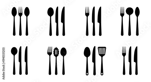 Collection of black silhouette icons for cutlery and kitchen utensils on a white background