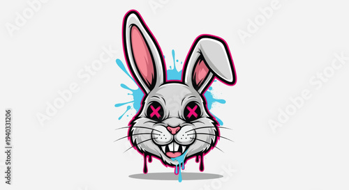 Creepy Rabbit Head Illustration with Red Eyes and Dripping Paint.