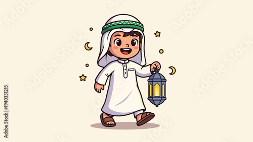 Cute Arab Boy Holding Ramadan Lantern Cartoon.