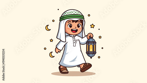 Cute Arab Boy Holding Ramadan Lantern Cartoon Illustration.