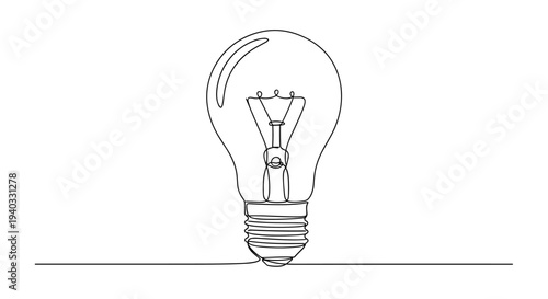 Minimalist single line drawing of a classic incandescent light bulb on a white background