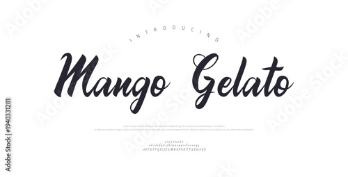 Mango Gelato, Script luxury wedding alphabet letters font with tails. Typography elegant classic serif fonts and number decorative vintage retro concept for logo branding. vector illustration
