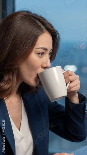 Successful Asian businesswoman working on laptop at dusk vertical video