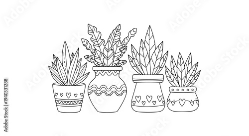 Whimsical line art illustration of potted houseplants with decorative patterns and hearts