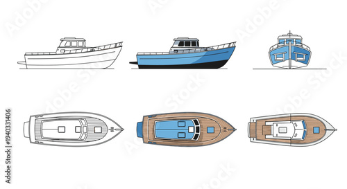 Set of boat illustrations showing side, front, and top views in sketch and color