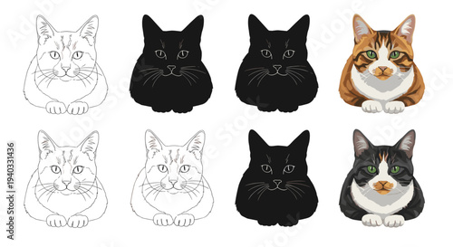 Collection of cat illustrations, including line art, silhouettes, and full-color portraits