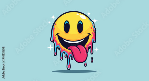 Melting Smiley Face Dripping with Colorful Liquid and Sparkles.