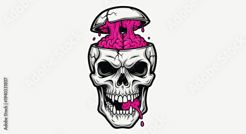 Skull with Exploding Brain and Dripping Pink Substance.