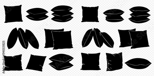Set of black pillow silhouettes in various shapes and arrangements on a transparent background.