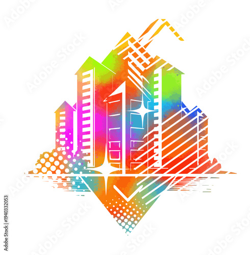 Colorful logo modern city skyline with skyscrapers in flat vector style on white background. Hand drawn Not AI, vector illustration.