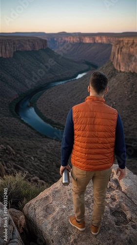 Hispanic man standing on canyon cliff edge at sunset vertical video