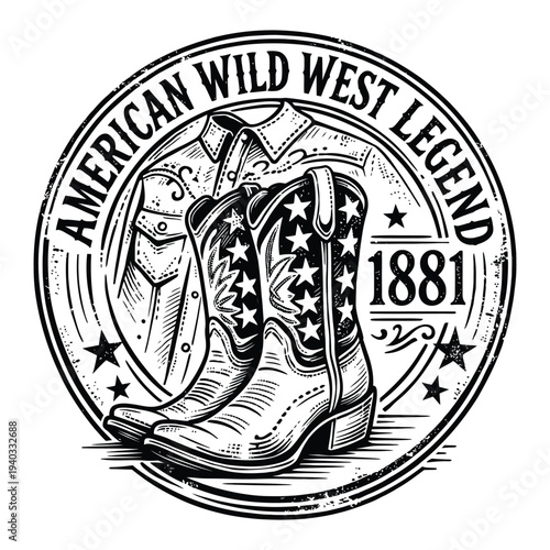 American Wild West Legend 1881 Cowboy Boots Vintage Western Badge Illustration