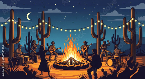 Desert night scene with band playing around campfire under starry sky with cacti and string lights
