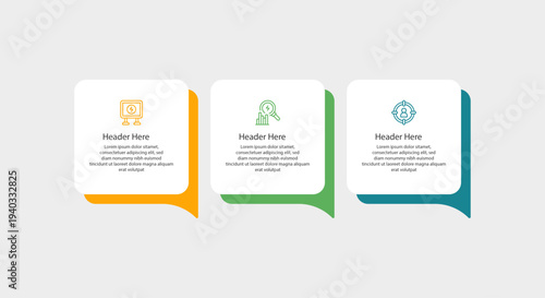 Three colorful infographic panels with header titles and icons.