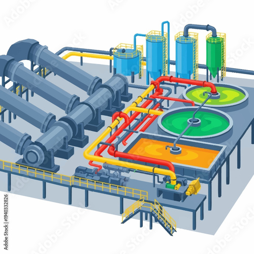 Industrial water treatment plant with pipes and tanks.
