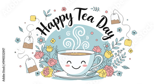 Happy Tea Day illustration with smiling teacup and floral decorations.