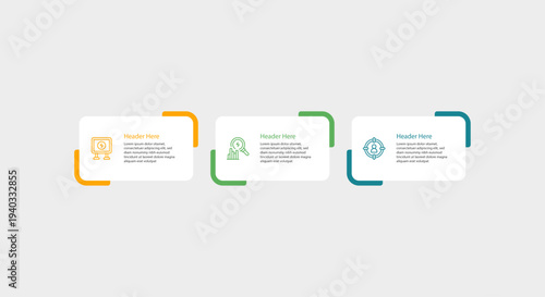 Three blocks with different icons and some placeholder text.