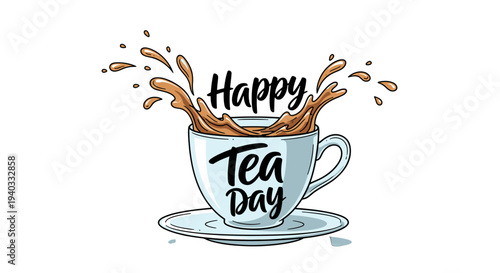 Happy Tea Day celebration with tea cup and splashing tea.
