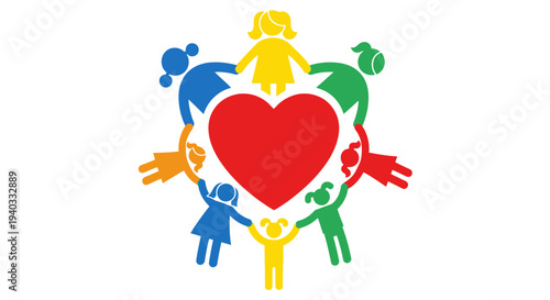 Colorful people holding hands around a heart symbolizing unity and love.