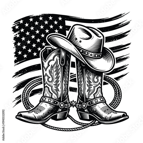 Cowboy Boots and Hat with American Flag Western Patriotic Vintage Illustration