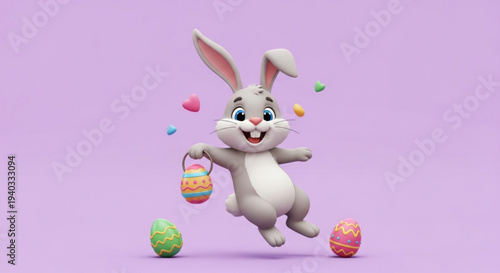 Happy easter bunny holding basket jumping with colorful eggs and confetti on purple background festive spring scene