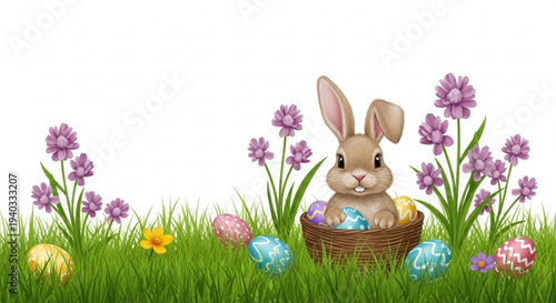 Easter bunny in a basket with colorful eggs and flowers in a grassy field on a sunny day